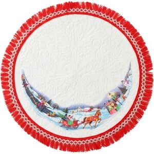 Vintage Rennoc Christmas Tree Skirt Quilted Winter Sleigh Scene Red Fringe 38in